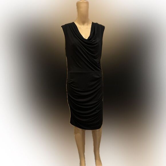 Nicole Miler Black low cowl  Neck Ruched Midi Dress SZ L - Picture 1 of 8